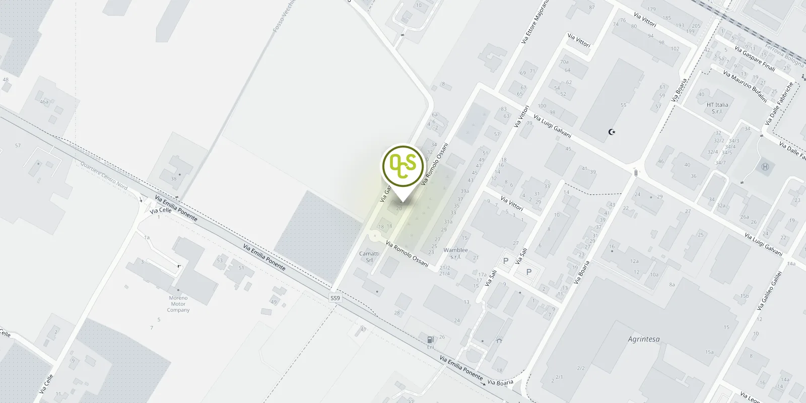 Mappa di Faenza con lo studio Over Cover Scriba in Via Romolo Ossani 22, vicino alla Via Emilia Ponente
