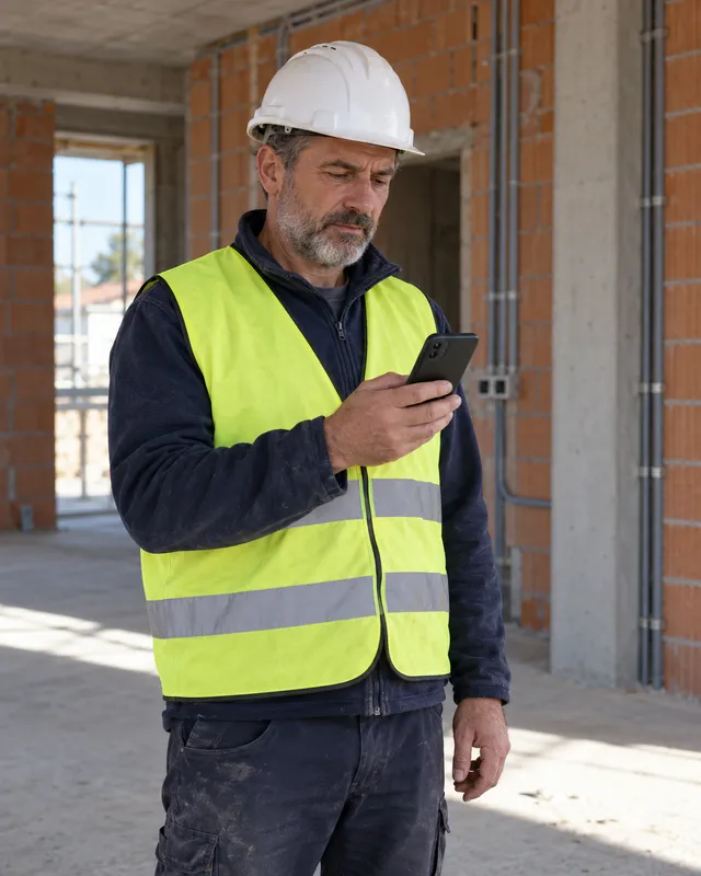 Immagine generata con IA: capo cantiere con casco e gilet che guarda lo smartphone
