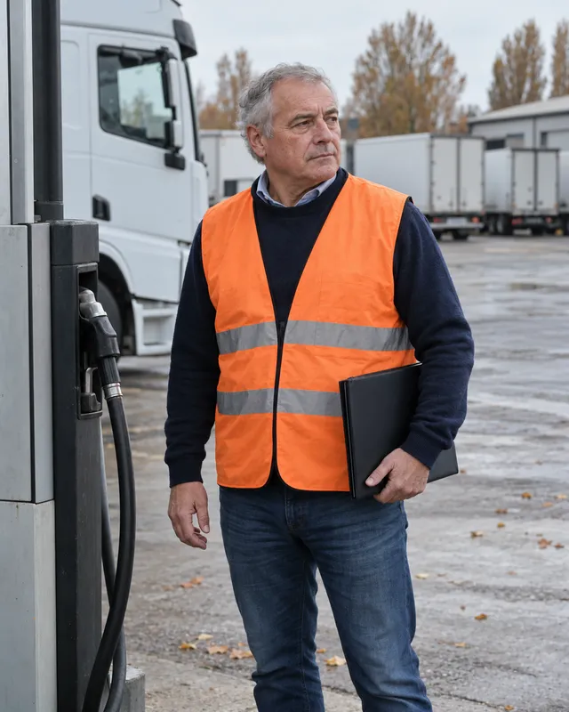 Immagine generata con IA: responsabile flotta accanto al distributore interno, con camion parcheggiati sullo sfondo