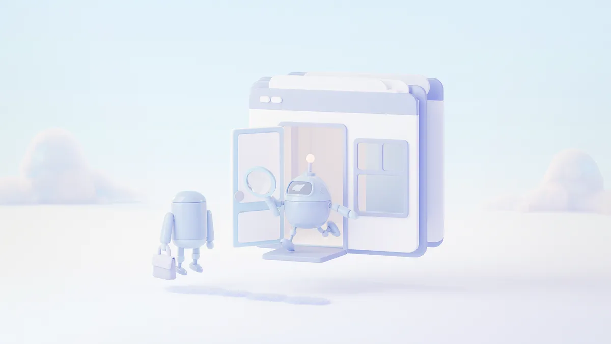 Illustrazione generata con IA: il robot che il sito lascia entrare varca la porta di una pagina web, un altro resta fuori: come scegliere quali bot far entrare