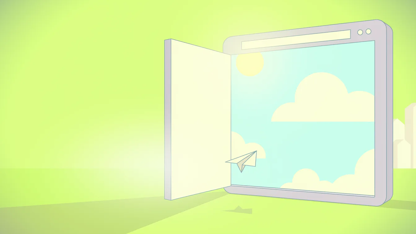 Illustrazione generata con IA: la finestra di un sito che si apre su un cielo con le nuvole e un aereo di carta