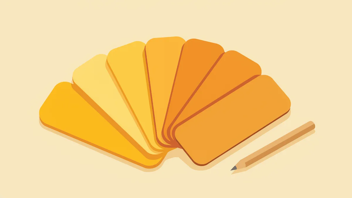 Illustrazione generata con IA: campioni di colore a ventaglio, dal giallo all'arancio, accanto a una matita