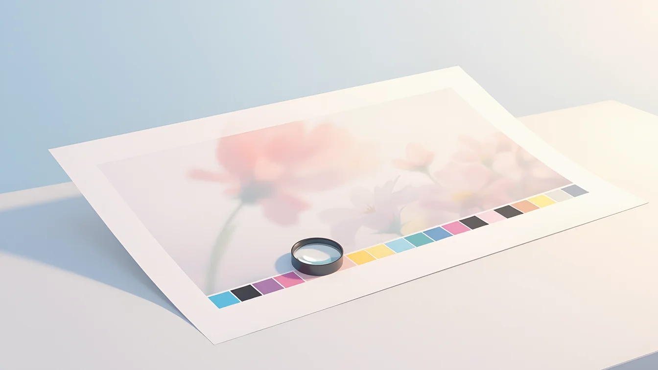 Illustrazione generata con IA: un foglio di prova con una striscia di riquadri di colore e una lente appoggiata sopra