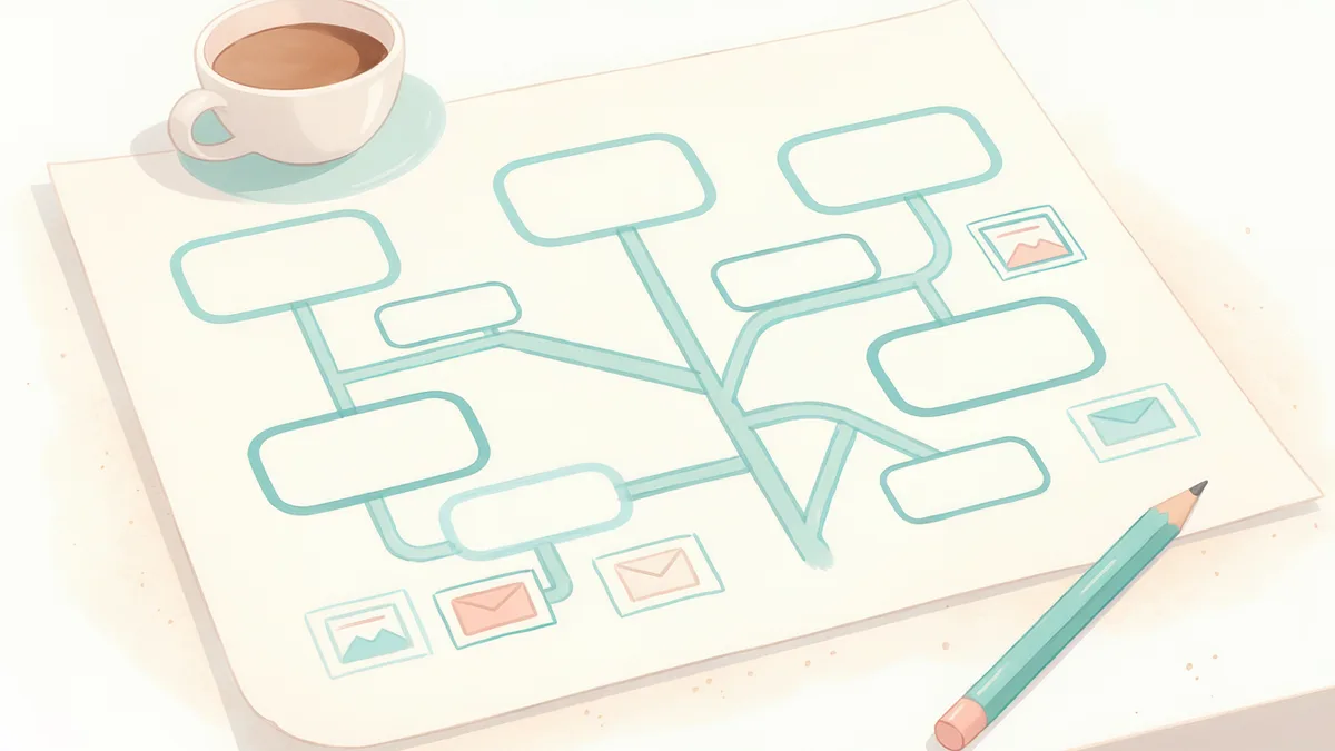 Illustrazione generata con IA: la mappa delle pagine di un sito disegnata su un foglio, con riquadri collegati